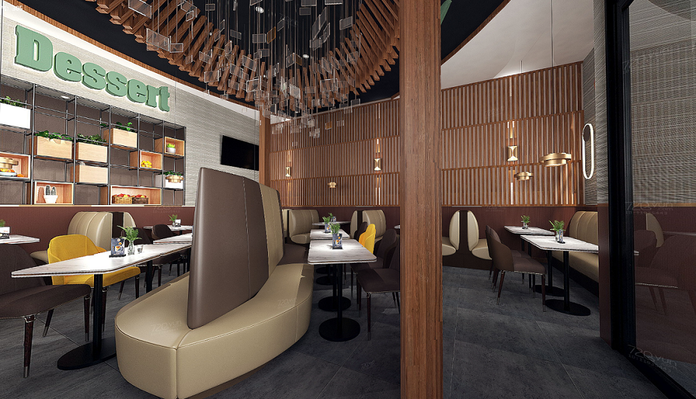 美國開心點餐廳:木紋不銹鋼天花裝飾 美國開心點餐廳:木紋不銹鋼天花裝飾